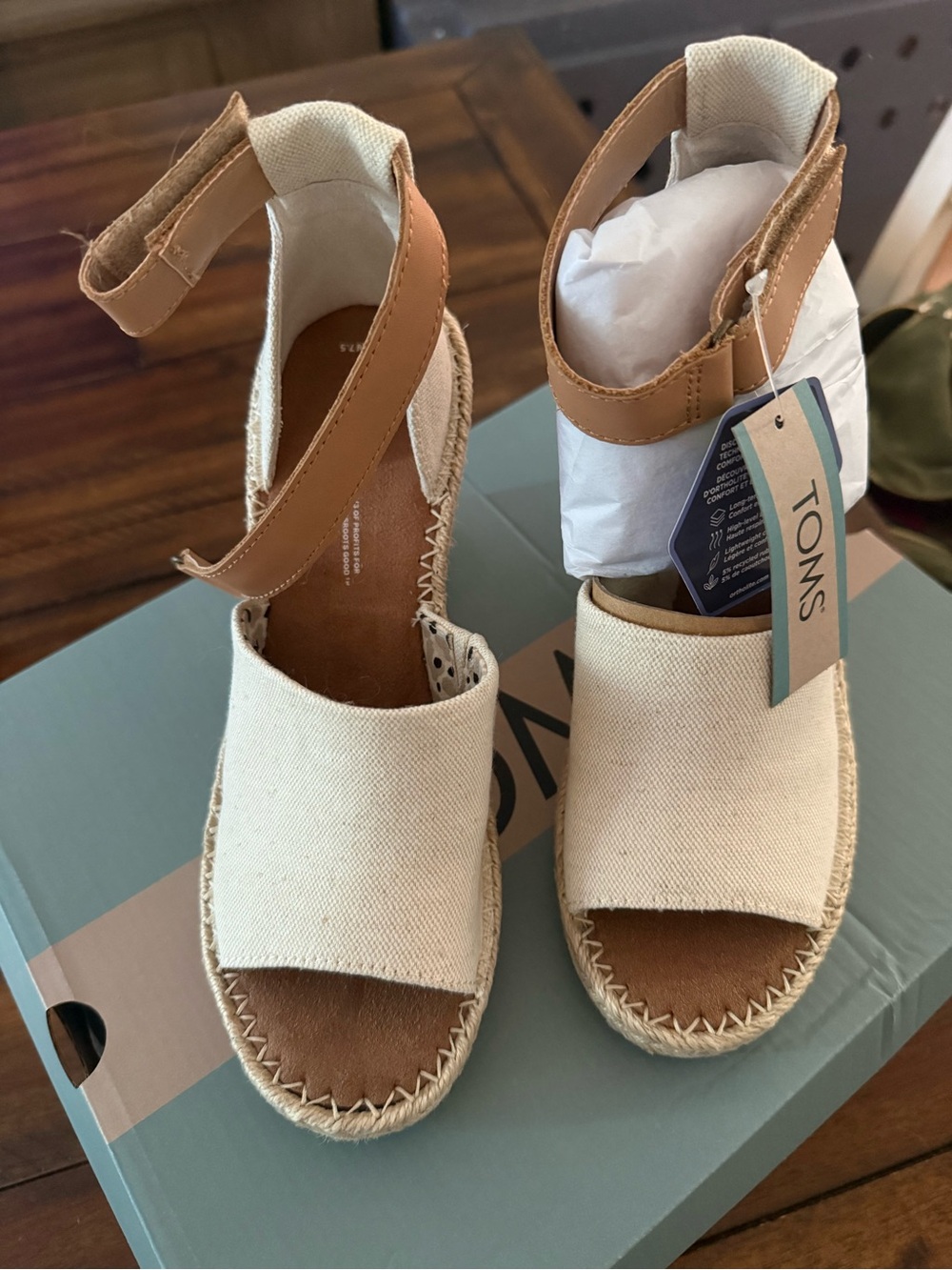 TOMS Cream Canvas Espadrille Wedge Sandals with Tan Leather Ankle Strap - Picture 2 of 4